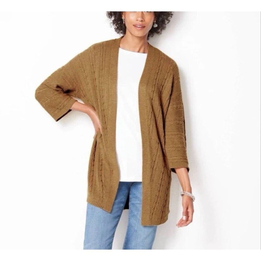 J. Jill cable-knit open-front cardigan sweater mustard color cotton blend size S